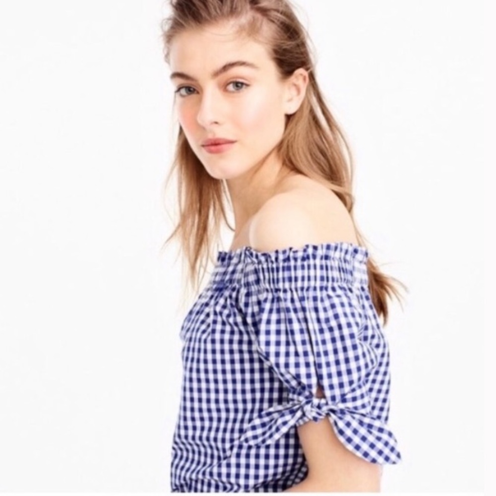 J Crew Off the Shoulder Blue White Gingham Top - Picture 2 of 9